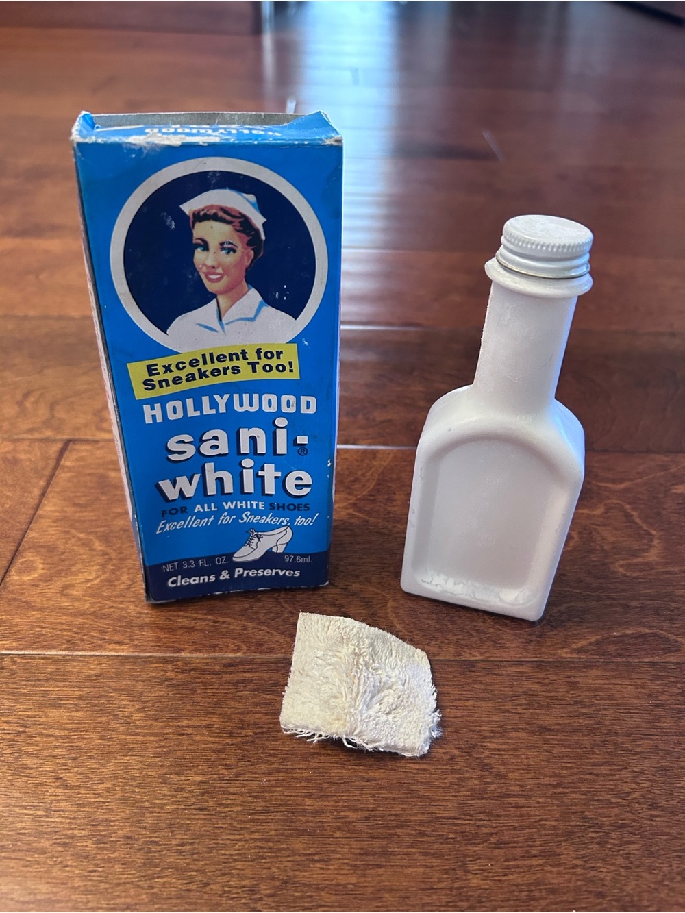 Hollywood Sani-White Shoe Preserver Box, Bottle, and Applicator (empty bottle)